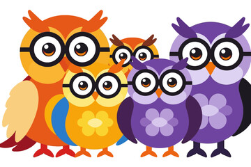 Fototapeta premium Colorful Owl Family Vector Illustration - Cute Cartoon Owls with Glasses - Ideal for Kids Room Decor - Educational and Fun Design - Download Now