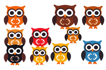 Fototapeta premium Colorful Owl Cartoon Collection-Cute Vector Owls in Various Colors-Educational Illustration for Kids-Owl Themed Graphic Design-Fun and Playful Animal Art
