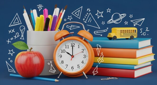 Back to school supplies with alarm clock and books - Powered by Adobe