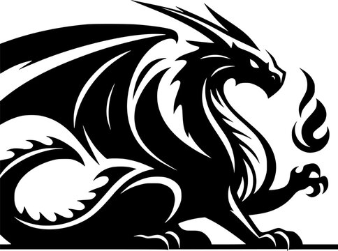 A sharp dragon vector in black and white, minimalist but full of mythic energy.