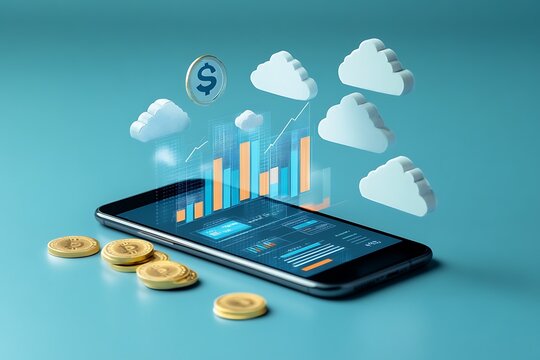 A cartonic smartphone with charts, coins, and cloud icons floating around, symbolizing mobile business 