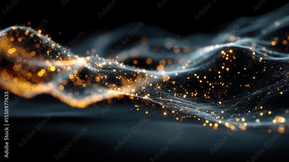 Poster ethereal waves of light dance across a dark background, with sparkling golden particles adding depth