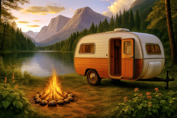 View of a vintage trailer caravan parked beside a serene lake at sunset