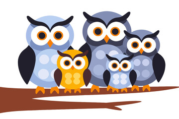 Obraz premium Cute Owl Family Illustration- Whimsical Cartoon Owls on a Branch- Adorable Bird Art for Kids- Owl Theme Decor- Vector Graphics for Crafts and Designs
