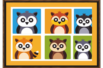 Fototapeta premium Cute Cartoon Raccoons Wall Art Print-Colorful Playful Animal Illustration for Nursery-Perfect Decor for Kids Room-Whimsical Raccoon Family Artwork-Fun Nature Inspired Art