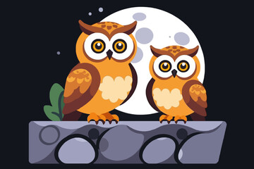 Obraz premium Cute Cartoon Owls Under the Moonlight- Whimsical Owl Illustration for Kids- Adorable Owls on a Stone Ledge at Night- Owl Family Graphic Design