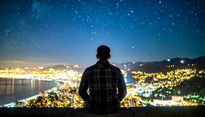 Man Sitting Overlooking City Lights and Starry Night Sky in Serenity