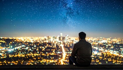 Man Sitting Overlooking City Lights and Starry Night Sky in Serenity