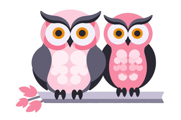Obraz premium Cute Pink Owls Sitting Together- Adorable Owl Illustration- Cartoon Owl Couple on Branch- Whimsical Animal Art- Playful Pink and Gray Owls Image