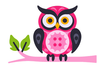 Obraz premium Cute Pink Owl Cartoon on Branch- Whimsical Bird Illustration- Adorable Animal Art for Kids- Nature Inspired Graphic Design- Childrens Room Decor Idea
