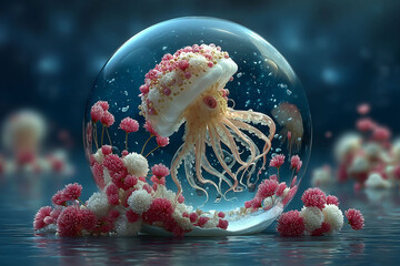 Jellyfish in Glass Orb: An ethereal jellyfish floats serenely inside a crystal clear glass orb, surrounded by delicate pink spheres, creating a dreamlike underwater world.