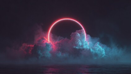 Glowing neon pink and teal ring hovers above a dark, swirling cloud bank reflecting in still water, creating a surreal, atmospheric scene