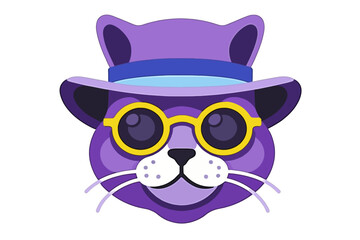 Fototapeta premium Purple Cat with Hat and Glasses Illustration- Whimsical Feline Art for Design Projects- Unique Cat Character Design for Kids and Adults