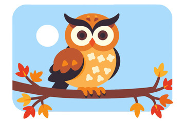 Cute Cartoon Owl on Branch with Autumn Leaves- Whimsical Illustration of a Forest Animal- Perfect for Kids Books and Educational Materials- Nature Inspired Art