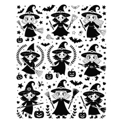Whimsical black and white witch illustration set with Halloween-themed elements like bats, pumpkins, and stars