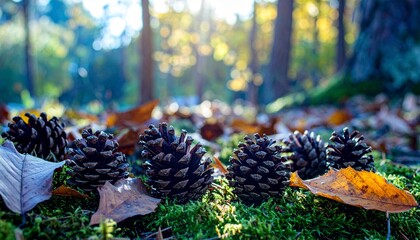 Fall Forest Scene With Pine Cones and Golden Leaves on the Ground