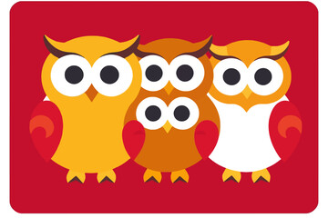 Fototapeta premium Cute Cartoon Owls Illustration - Colorful Owl Family Design - Perfect for Kids Room Decor - Whimsical Animal Art - Fun and Playful Illustration- Red Background