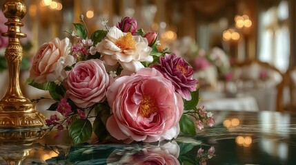 Fototapeta premium Elegant floral arrangement with roses and peonies displayed in a luxurious dining setting during evening hours
