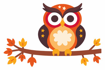 Obraz premium Cute Fall Owl Illustration- Autumn Bird Perched on Branch with Colorful Leaves- Whimsical Seasonal Art for Crafts and Decor- Owl Themed Graphics