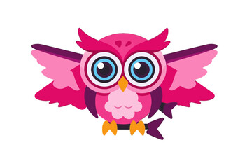 Naklejka premium Cute Pink Cartoon Owl Illustration-Whimsical Owl with Big Blue Eyes-Adorable Vector Owl Clipart for Kids-Fantasy Pink Owl Perfect for Children's Projects
