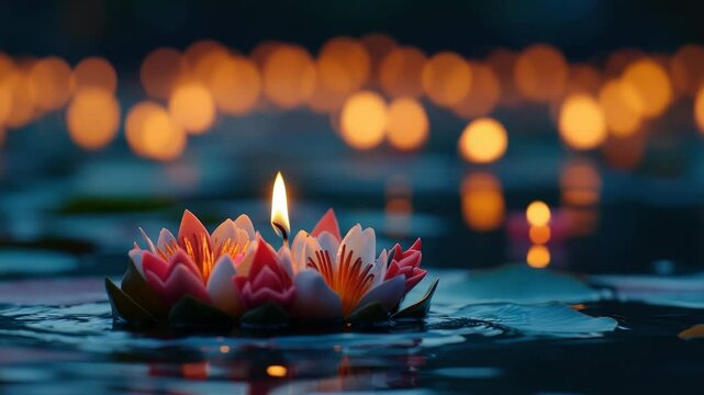 Krathong made from banana leaves, adorned with flowers, candles, incense sticksfloating on a river at night during loy krathong festival in thailand with many krathongs in background. Banner