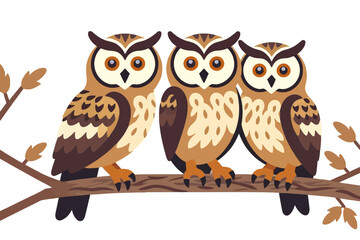 Fototapeta premium Three Cartoon Owls on a Branch-Cute Illustration of Birds-Wildlife Art for Children-Nature-Inspired Design-Educational Resources-Animal Clipart-Owl Family-Forest Creature-Illustration Art