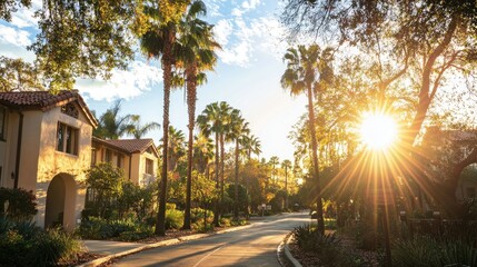 Naklejka premium Scenic street with palm trees and sunlight filtering through the leaves.