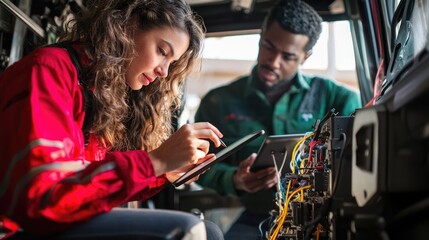 Two engineers collaborating on technical tasks in a modern workspace.