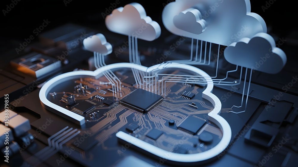 Poster cloud computing concept digital clouds connected to a circuit board with microchips