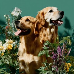Golden Companions: Two Radiant Golden Retrievers Amidst a Lush Garden Oasis, Embracing Nature's Beauty and Harmony with Canine Grace.