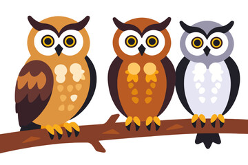 Three Cute Cartoon Owls Perched on a Branch Illustration- Whimsical Owl Artwork for Kids- Colorful Bird Graphics for Educational Materials and Decor- Owl Clipart Design