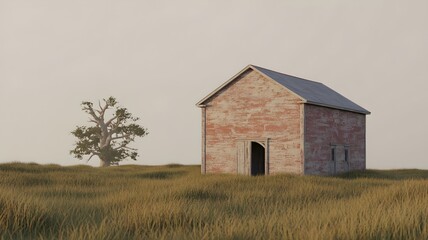 An old barn in a rural field with a tree. The weathered brick building stands solitary, with tall golden grass around it