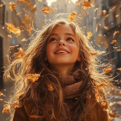 Golden Girl: A Child's Joyful Gaze Amidst Falling Autumn Leaves, Bathed in Soft Sunlight in a City Scene Painting.