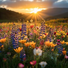 Golden Hour Bloom: A Vibrant Wildflower Meadow Bathed in Sunset Light, Featuring Lupines and Poppies Against a Mountain Backdrop