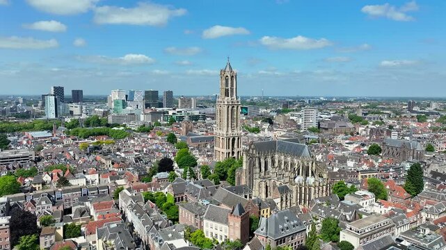 Aerial from the historical city Utrecht with the Dom Tower in the Netherlands