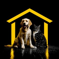 Golden Retriever and Tabby Cat Under Yellow House Silhouette on Black Reflective Surface: A Study in Contrasts and Domesticity.