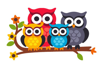 Fototapeta premium Colorful Owl Family on a Branch Illustration-Cute Cartoon Owls Perched on Tree Branch-Kids Room Decor-Whimsical Owl Art for Children-Educational Owl Image-Animal Illustration-Bright and Cheerful Owls