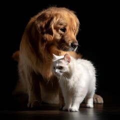 Golden Retriever and White Cat Portrait: A Study in Contrasts and Friendship, bathed in dramatic light against a dark background, showcasing their distinct beauty and unique personalities