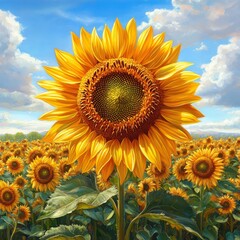 Golden Sunflower Majesty: A vibrant sunflower field under a bright blue sky adorned with fluffy clouds, showcasing nature's radiant beauty and summer's abundance.