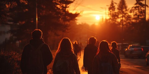 Fototapeta premium Sunset Silhouettes Captivating Group Walk at Golden Hour