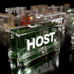 HOST Servers: A modern, stylized rendering of multiple server blocks labeled "HOST" encased in clear, layered material on a dark reflective surface.