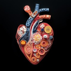 Human Heart Quilling Art: Intricate Paper Filigree Design of Anatomy, Cardiovascular System, and Heart Health, on a Dark Background for Medical Art or Valentine's Day Inspiration