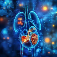 Human Anatomy Illustration: 3D Rendering of Lungs, Esophagus, and Abdominal Organs Displaying Tumorous Growths in a Vibrant Blue, Orange and Red Hue.