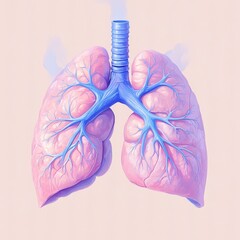 Human Lungs Anatomy: Detailed Illustration of Respiratory System Showing the Trachea and Pulmonary Veins on a Soft Pink Background for Medical Education and Visual Aid