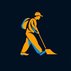 Janitorial Worker with Broom Illustration: Cleanliness in Minimalist Graphic Design, Portraying Professional Service and Hygiene on Navy Backdrop.