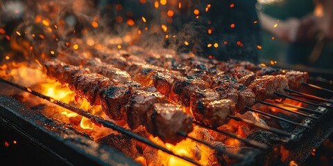 Grilling flavorful kebabs over open flames at a summer barbecue gathering in a backyard