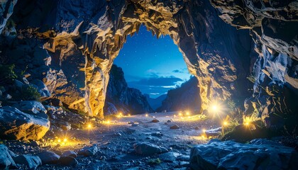 Illuminated Cave Entrance at Dusk with Stars in a Clear Blue Sky