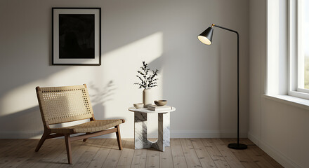 Modern interior design with a cane chair marble table and black floor lamp in a bright room