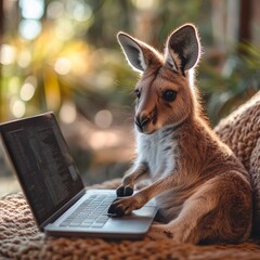Kangaroo Coder: A young kangaroo intently works on a laptop, possibly coding, sitting comfortably with a bright, blurred background.