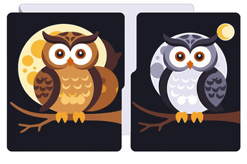 Naklejka premium Cute Owl Night Illustration- Whimsical Moonlit Owls on Branch- Cartoon Bird Art for Kids Decor- Playful Night Sky Theme for Nursery- Adorable Owl Graphics